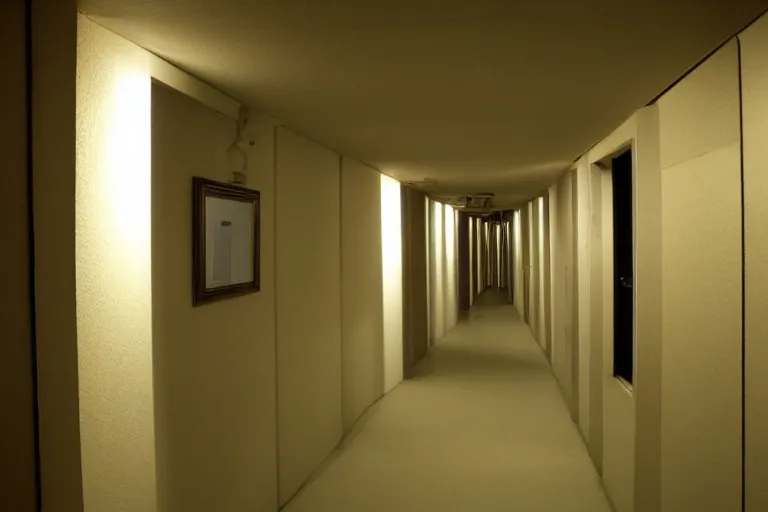 Prompt: a photo, five and a half minute hallway, at night, strange angles, lots of corridors