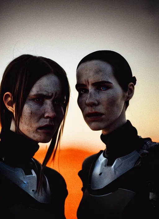 Image similar to cinestill 5 0 d photographic portrait of two loving female androids wearing rugged black techwear on a desolate plain with a red sky in front of a brutalist structure, extreme closeup, cyberpunk style, dust storm, 8 k, hd, high resolution, 3 5 mm, f / 3 2, ultra realistic faces, ex machina