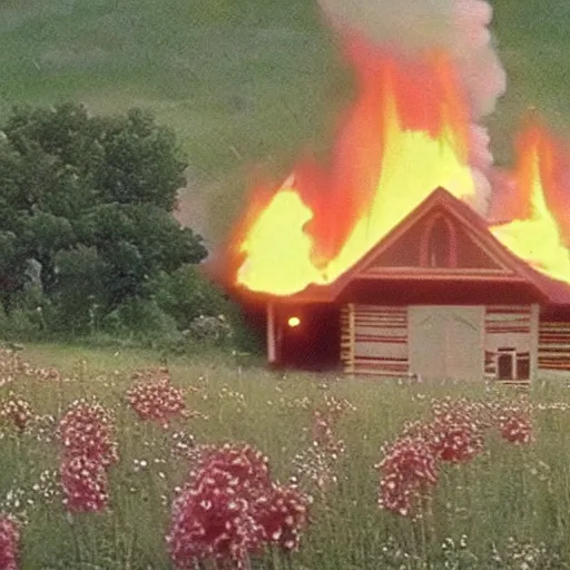 Prompt: vhs 1 9 8 0 s footage of a scene from the movie midsommar a - line shaped wooden building on fire, field of flowers