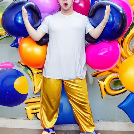 Prompt: photo of man with stupid looking balloon pants