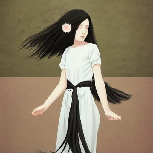 Image similar to little girl with her long black hair flower, dressed in a simple white dress, anime art style, digital artwork made by ilya kuvshinov, inspired in balthus