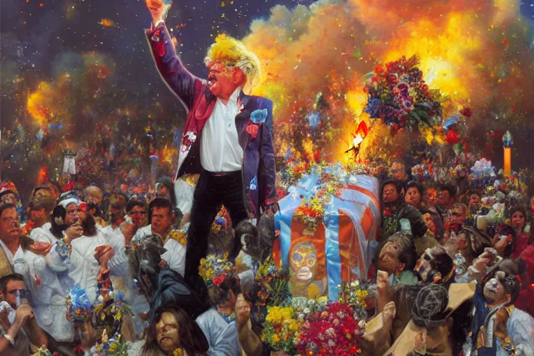 Image similar to portrait of rip taylor throwing confetti during a mexican funeral parade, an oil painting by ross tran and thomas kincade