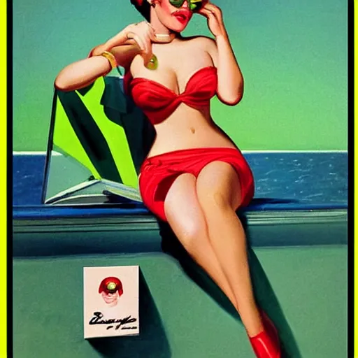 Image similar to portrait of pin up girl in a neon green bikini, art by gil elvgren, earl moran, joyce ballantyne, art frahm