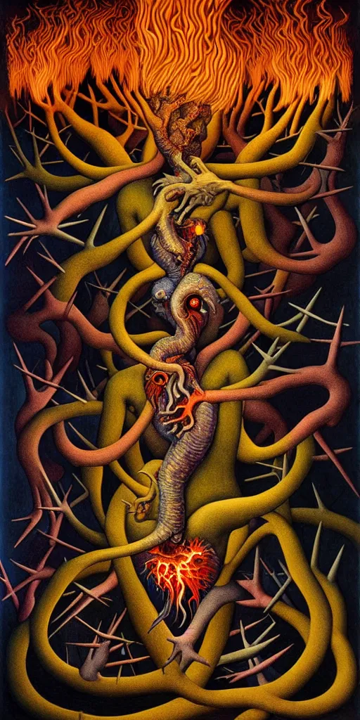 Prompt: mythical creatures and monsters in the visceral anatomical human heart imaginal realm of the collective unconscious, in a dark surreal mixed media oil painting by johfra, mc escher and ronny khalil, dramatic lighting fire glow