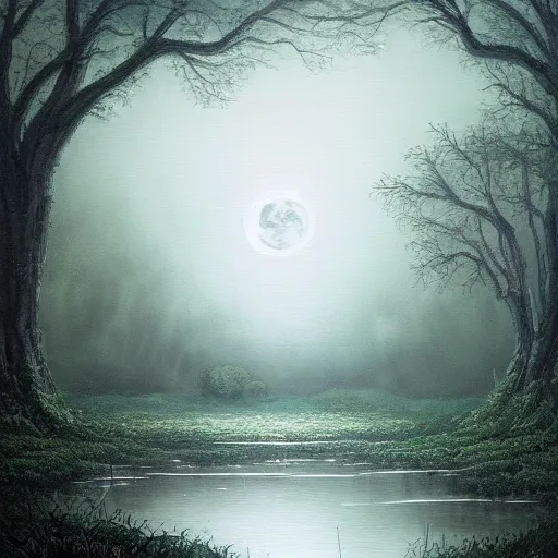 Image similar to an ultra detailed painting of a fantasy forest at night, at the side of a pond is gigantic ancient tree with a water sprite in a white dress sitting on the lowest bough of the ancient tree, the moon can be glimpsed through the trees and is veiled by fog, fog obscures the background, towering forest, midnight, dark fantasy