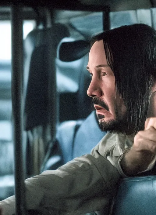 Image similar to Keanu Reeves cast as Eminem, still from 8 Mile, Bus Scene, hyperrealistic, 8k, Octane Render,