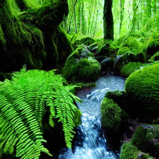 Image similar to 1 0 round pools of water in an open forest, the wood between the worlds, narnia, cs lewis, lush green forest, moss and ferns, ferns,