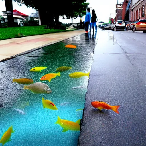 Image similar to a liquid sidewalk with a group of fish swimming inside it