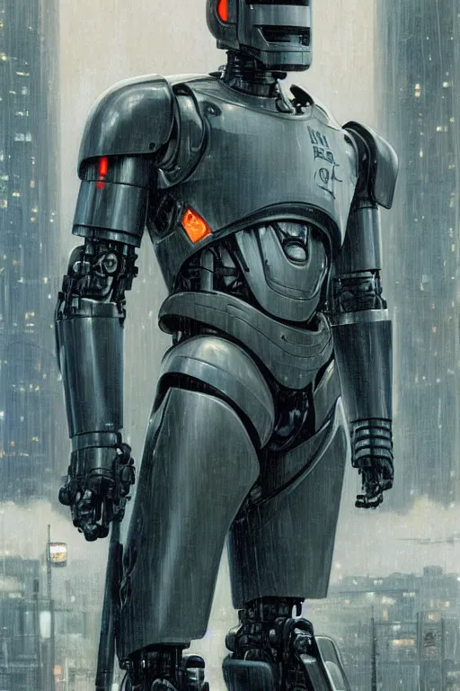 Image similar to Robocop portrait, rainy Detroit by Stanley Artgerm Lau, greg rutkowski, thomas kindkade, alphonse mucha, loish, norman Rockwell