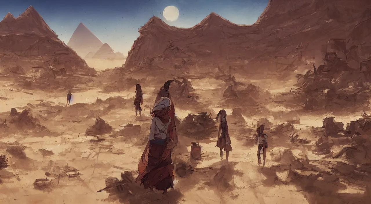 Image similar to egyptian landscape, desert, zombies, by studio ghibli and greg rutkowski,