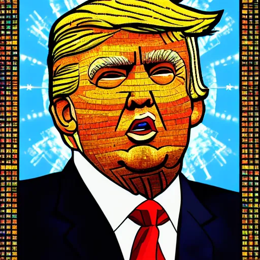 Image similar to portrait mosaic of trump with robot eyes, 4k, intricate details, digital, heaven and hell