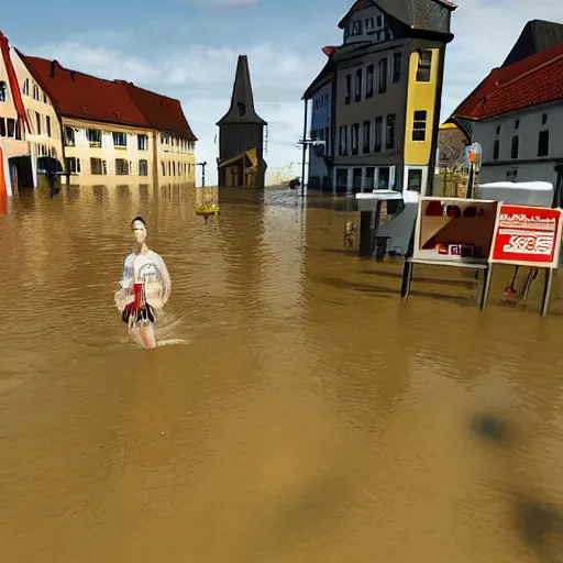 Prompt: top-down 3D video game about a german town being flooded, gameplay footage