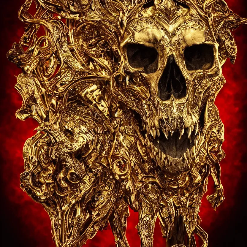 Image similar to photo portrait portrait of skull of wolf, lying on bones, dramatic lighting, golden ornaments, symmetric, intricate skeletal decorations, symmetry, highly detailed, tarot, concept art, black, red, white, gold layers, warhammer, style of nekroxiii, hyperrealistic, dark background, smoke, artstation