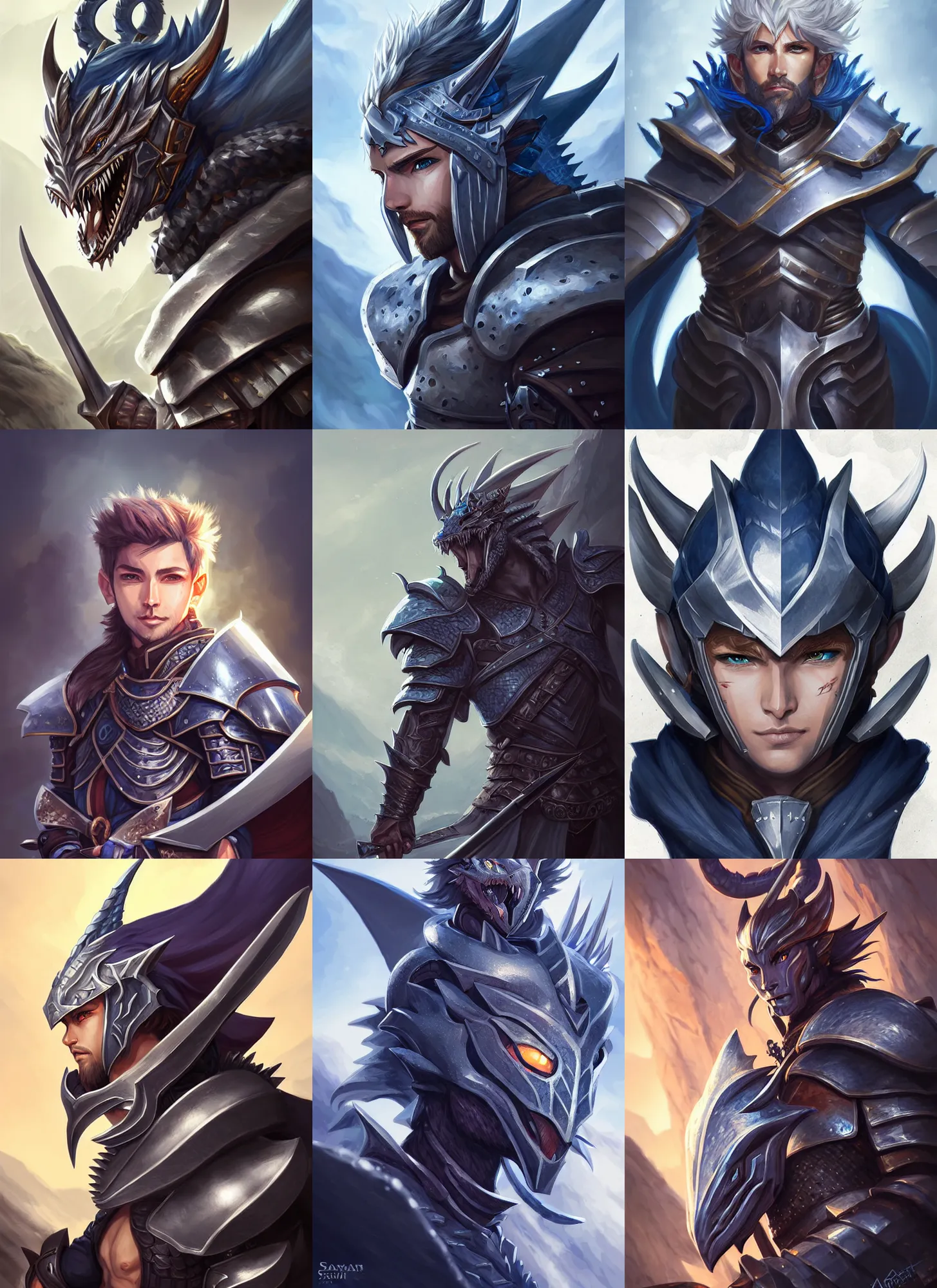 Prompt: portrait of a dragonslayer in the mountains, male, shiny blades, plate navy blue armor, dragon motif, high fantasy, dnd, face details, extremely detailed, smooth, sharp focus, digital illustration, by artgem, rossdraws, sakimichan