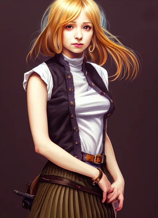 Image similar to portrait of a full body of beautiful young female detective, d & d, sleeveless turtleneck, pleated skirt, fantasy, flat lighting, intricate, highly detailed, digital painting, artstation, concept art, smooth, sharp focus, illustration, misa amane, art by simon bisley and greg rutkowski and alphonse mucha, natural tpose