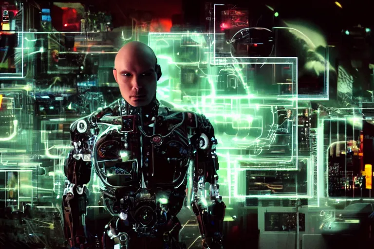 Image similar to cyborg - pitbull, surrounded by screens, in the future, y 2 k cybercore, industrial low - light photography, still from a ridley scott movie