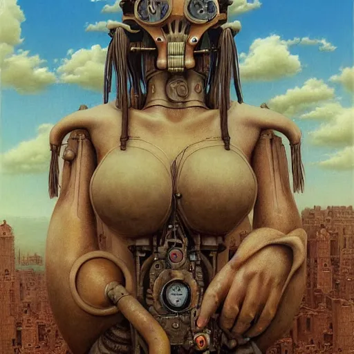 Image similar to a hyperrealistic painting of a steampunk uma thurman, blue skies, by john kenn mortensen and zdzislaw beksinski, highly detailed, vivid color,