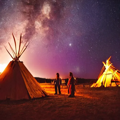 Image similar to native american indian pow wow at campfire under cosmic sky, epic award winning photographic still