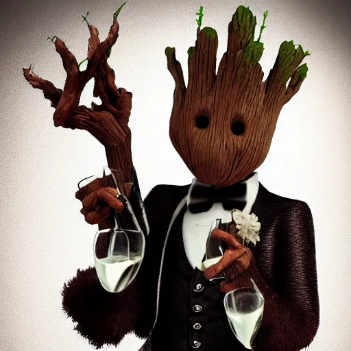 Image similar to realistic groot as a gentleman wearing tuxedo drinking wine on a studio shot, digital art, trending on artstation, behance, octane, intricate, ornate, photorealistic, hyper realism, high detail, movie shot, studio lighting, 8 k, vivid colors, smooth gradients, cinematic