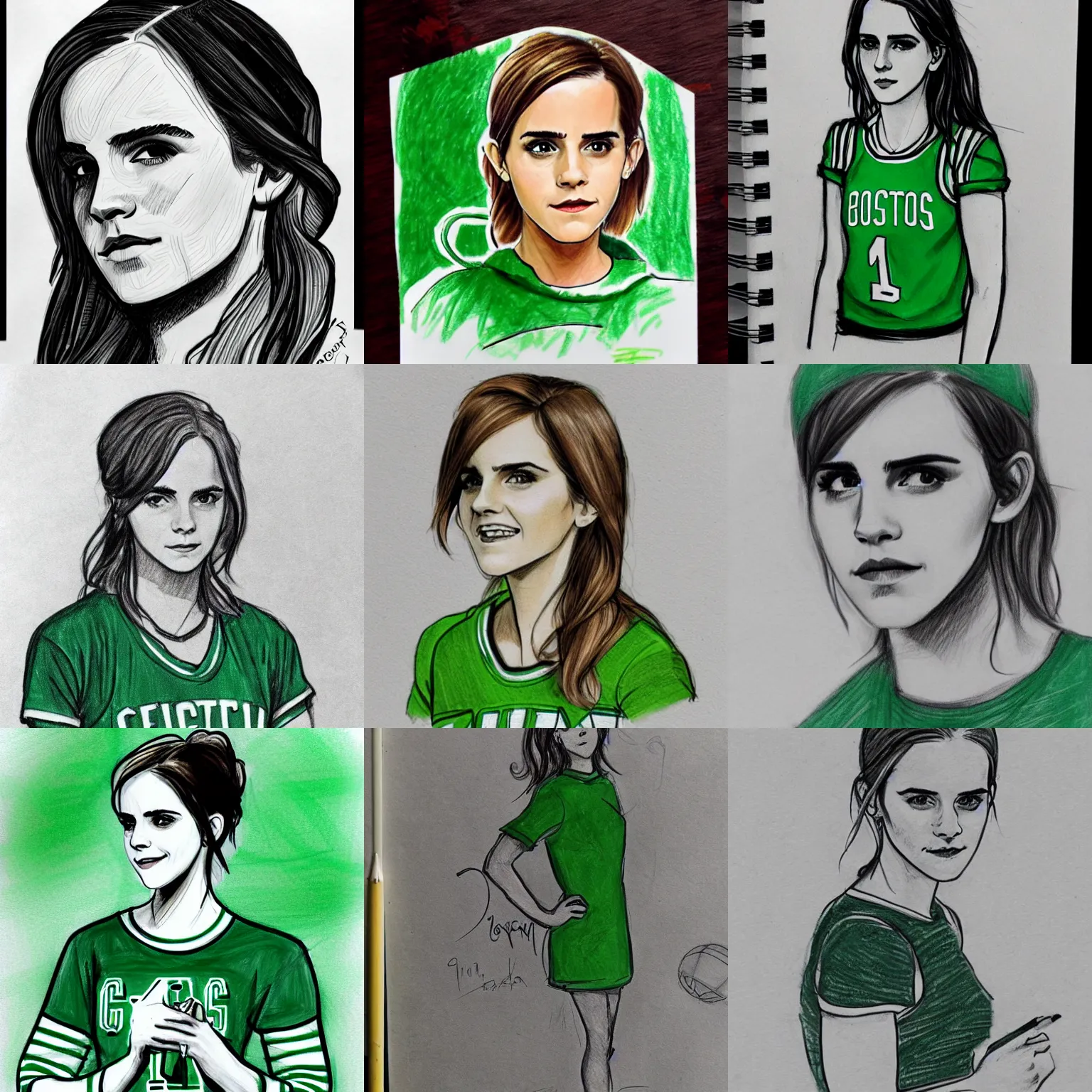 Prompt: sketch drawing, emma watson in full boston celtics garb, sharp lines, shading, lined paper, green jersey, rough draft, classroom doodle, lovecraftian, cthulhu