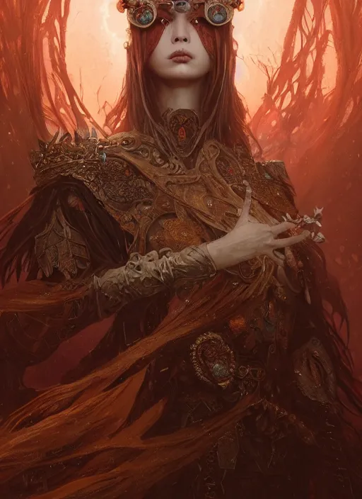 Prompt: highly detailed face portrait of majestic undead queen, stephen bliss, unreal engine, wuxia art by greg rutkowski, loish, rhads, ferdinand knab, makoto shinkai and lois van baarle, ilya kuvshinov, rossdraws, tom bagshaw, alphonse mucha, global illumination, radiant light, detailed and intricate environment