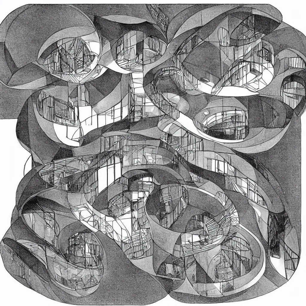 Image similar to detailed torus shaped house, illustrated by m. c. escher