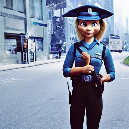Prompt: a real human young policewoman, whose photo inspired design of judy hopps, photo by annie leibovitz