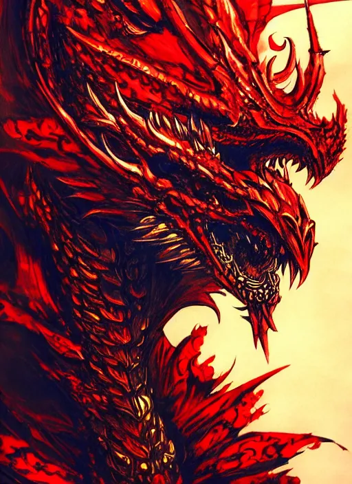 Image similar to A dragon with ornate red and gold scales, blue eyes, breathing fire. In style of Yoji Shinkawa and Hyung-tae Kim, trending on ArtStation, dark fantasy, great composition, concept art, highly detailed.