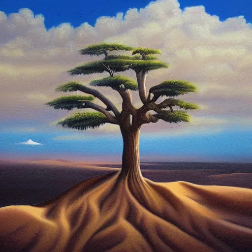 Prompt: a painting of a tree in the desert, an airbrush painting by breyten breytenbach, cgsociety, neo - primitivism, dystopian art,! apocalypse landscape!!