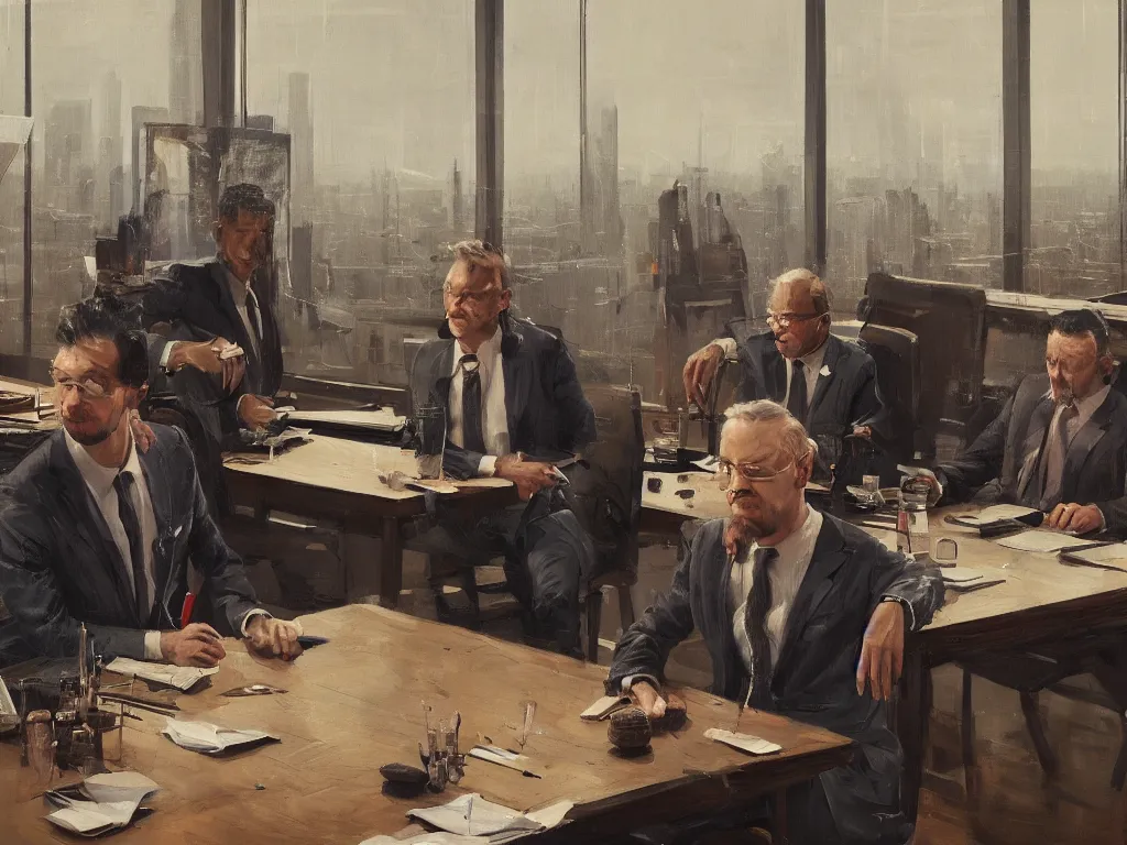 Prompt: a portrait of men in suits with tie sitting on a large table and discussing the world in a painting from stalenhag, 4 k, 8 k, hdr, artstation, concept art