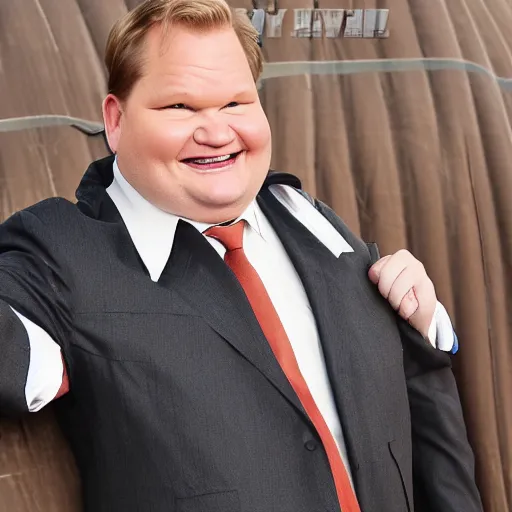 Prompt: Andy Richter wearing a brown suit and necktie floating in a hot air balloon about nyc