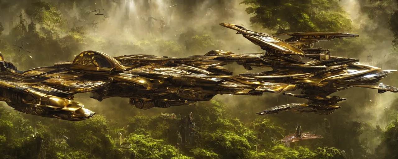 Image similar to a futuristic scientific flying steampunk fighter ship elegant, smooth, ornate with gold trimmings, by Craig Mullins and Scott Robertson, large steampunk space port inside a lush rainforest background by Dylan Cole and federico pelat, cinematic dappled lighting, hyper detailed hyper detailed, 8k, ultra realistic, cinematic lighting, ultra wide 35mm lens