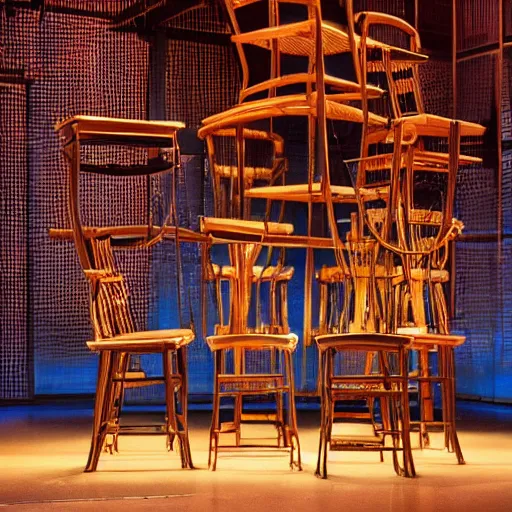 Image similar to an opera scenography of a tower of old chairs with laser lights.