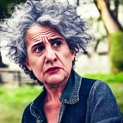 Prompt: astonished and angry middle aged lady looking at smartphone, wild hair, greek ethnicity, straight grey hair, angry eyes, photo, realistic, outdoor lighting, 4 k, 8 k, hd, 3 9 mm lens