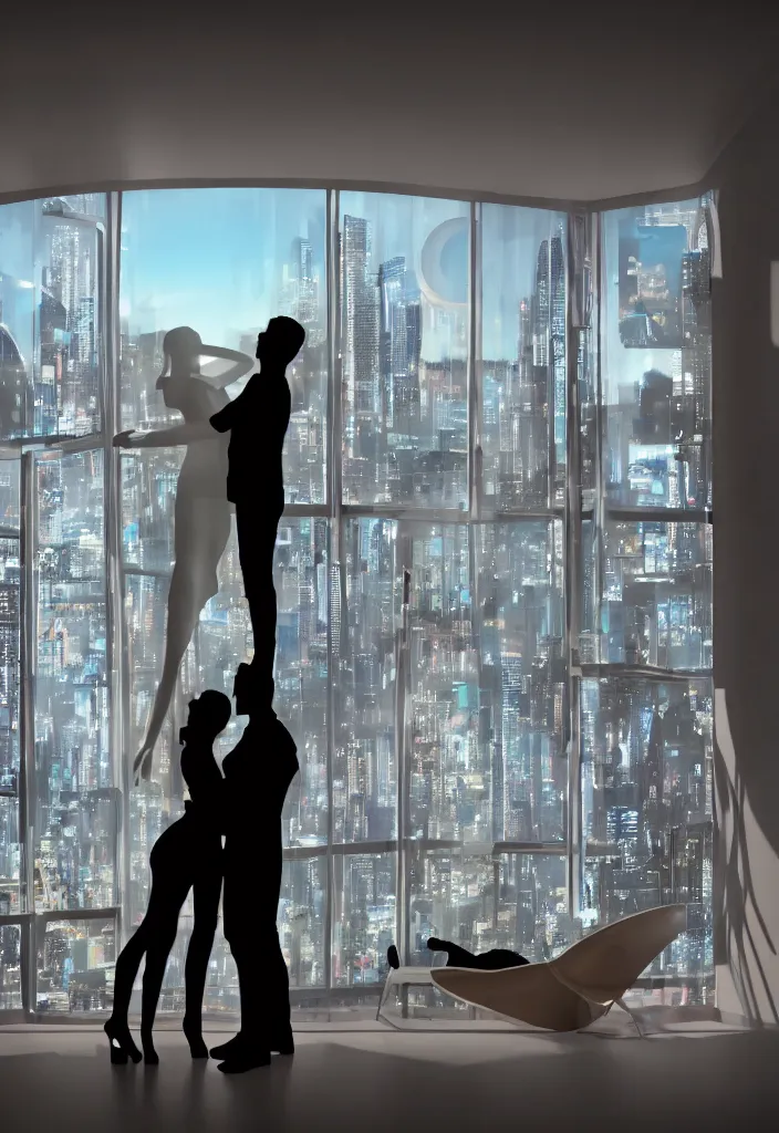 Prompt: silhouette of hugging couple in a futuristic appartment, window with a futuristic city, rossdraws, global illumination, radiant light, detailed and intricate environment