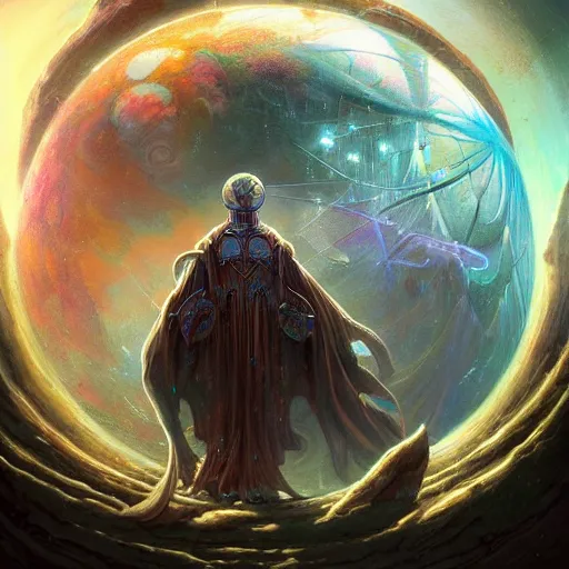 Image similar to the creator of worlds wearing a cloak and holding a holographic planet projection in his hand, detailed, sci - fi, digital painting, artstation, sharp focus, illustration, ominous, artgerm, tomasz alen kopera, peter mohrbacher, donato giancola, joseph christian leyendecker, wlop, frank frazetta