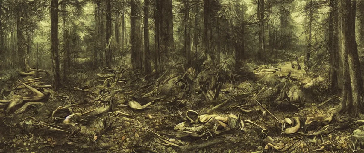 Image similar to stunning detailed artwork of a crime scene in the woods by eugene von guerard