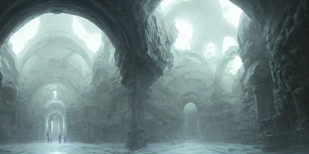 Prompt: Underground White Cathedral City hidden inside a round spacious cavern, lush greenery, tall white church in the center of the city, buildings made of white stone, baroque architecture. In style of Hyung-tae Kim, Greg Rutkowski and Larry Elmore, concept art, trending on ArtStation, Korean MMORPG, over-detailed art, 8K, epic, dynamic lightning, scenery, birdview.