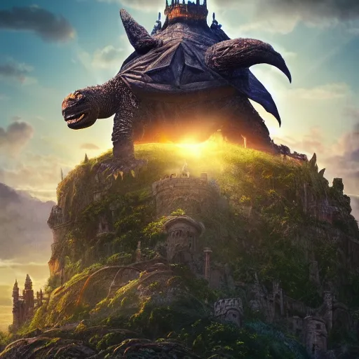 Image similar to large fantasy castle rising from the top of a giant tortoise, towering over a harsh wasteland with sharp rays of sunlight, howls moving castle, mortal engines, kaiju, distant - mid - shot, fantasy, hyper detailed, 4 k