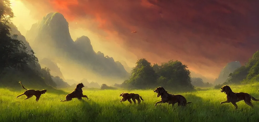 Prompt: breathtaking watercolor painting of massive green hounds with shaggy green fur leaping through a lush valley of deep grass with a dramatic red sky, fantasy art by greg rutkowski, loish, rhads, ferdinand knab, makoto shinkai and lois van baarle, ilya kuvshinov, tom bagshaw, global illumination, radiant light