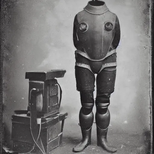 Image similar to tintype photo, antique diving suit