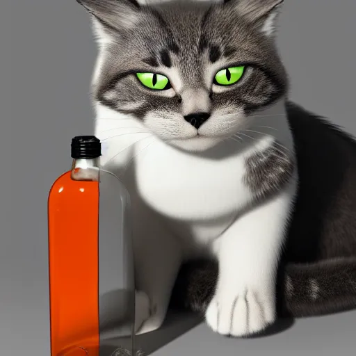 Prompt: a cat standing next to a bottle of medicine, the cat is smiling, the cat is orange, the cat is fluffy, digital art, artstation, animal, octane render,