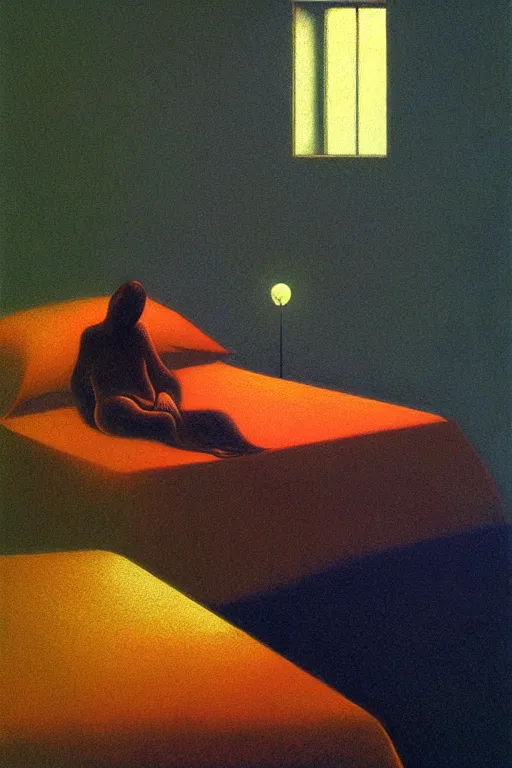 Image similar to portrait of bed pilled novelai user telling qpangfire to go to bed, by zdzislaw beksinski, by dariusz zawadzki, artbook, tone mapped, deep blues, shiny, soft lighting