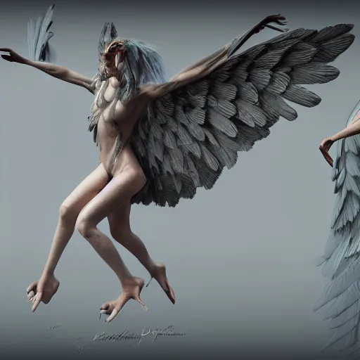 Prompt: concept art of a mythological harpy with wings instead of arms, unreal render, octane, 8k, highly detailed feathers, low saturation