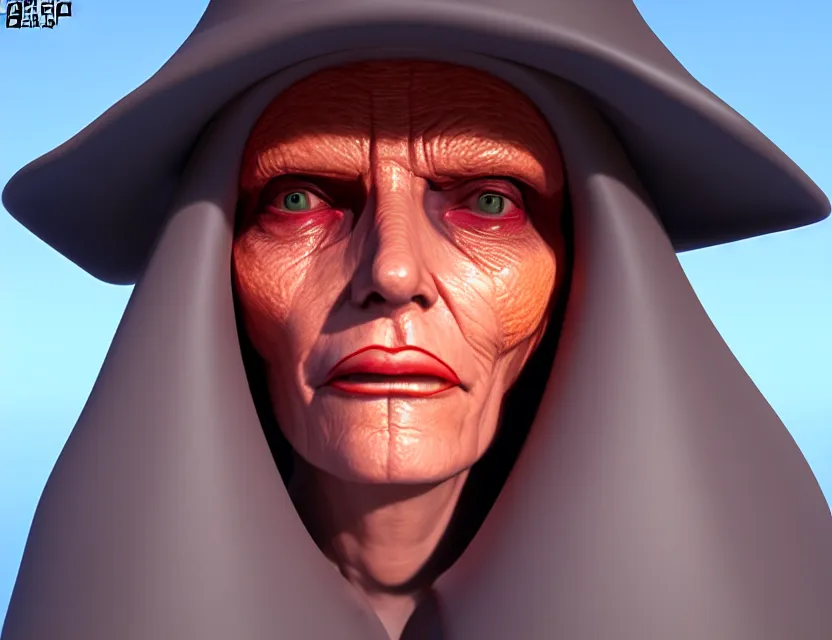Image similar to cinematic bust portrait of robo face granny cyborg body, witch's hat on head, by jean giraud, trending artstaition, 3 d, unreal engine