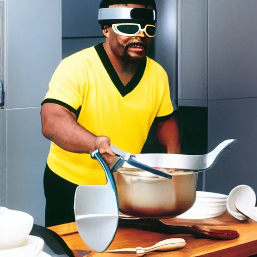 Image similar to Geordi La Forge wearing visor and a colander and random kitchen tools on his head