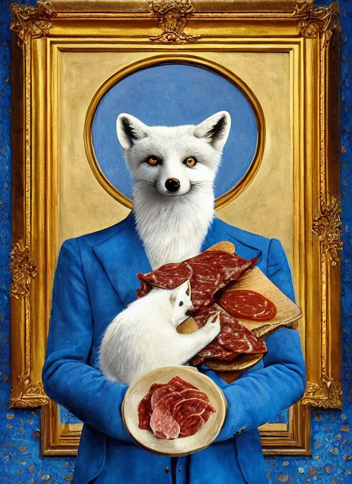 Prompt: a portrait of a male white fox with human blue eyes wearing aristocratic male clothes, cheese and salami on the table, titian, sam spratt, maxfield parrish, gustav klimt, tom bagshaw, mark ryden, alphonse mucha, rembrandt, high quality, painting, oil