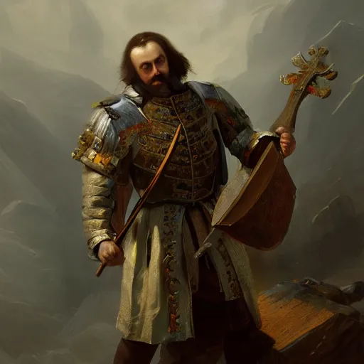 Image similar to Peter the Great of Russia with big narrow axe, sharp focus, fantasy style, octane render, volumetric lighting, 8k high definition, by greg rutkowski, highly detailed, trending on art Station