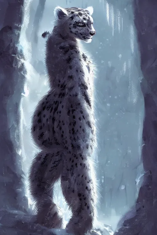 Prompt: an anthropomorphic cyberpunk snow leopard with a fluffy tail in the forest, trending on artstation, trending on furaffinity, digital art, by kawacy, anime, furry art, warm light, backlighting