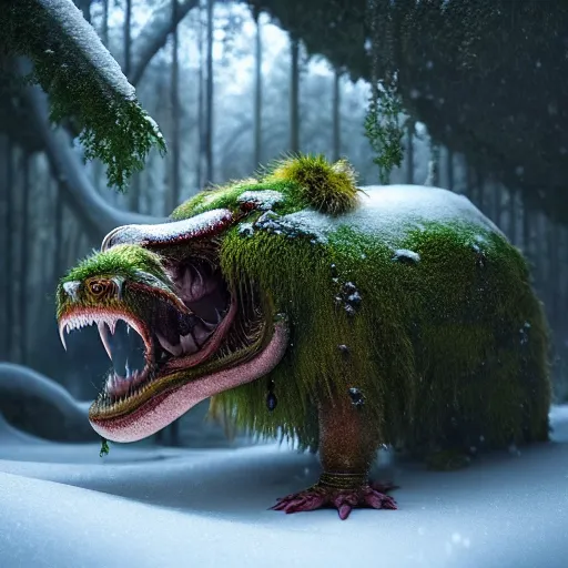 Image similar to creature in a lush trunda vegetation, snow snow : : by michal karcz, sophie anderson, esao andrews : : ornate, dynamic, particulate, intricate, elegant, highly detailed, centered, artstation, smooth, sharp focus, octane render, 3 d